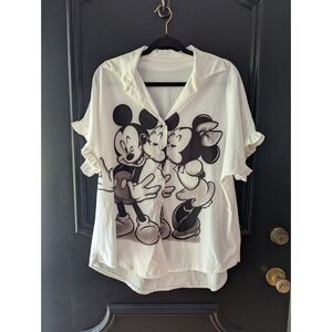 Mickey & Minnie Graphic Button Up Blouse Short Ruffle‎ Sleeve Made In Italy EUC